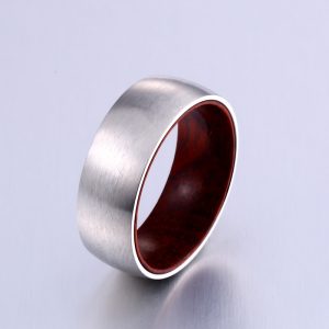 Bague en bois et acier inoxydable argent