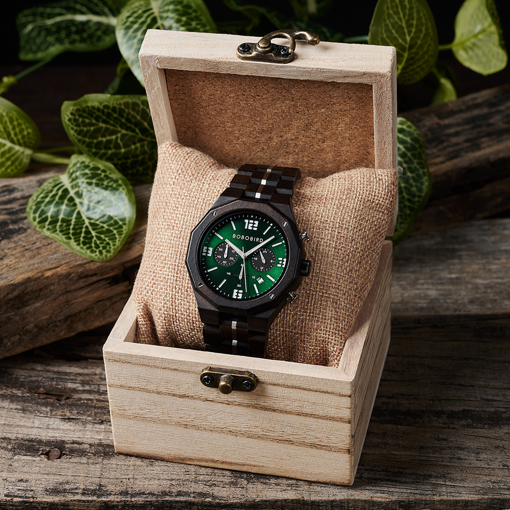 Montre en bois mouvement japonais vert – Image 2