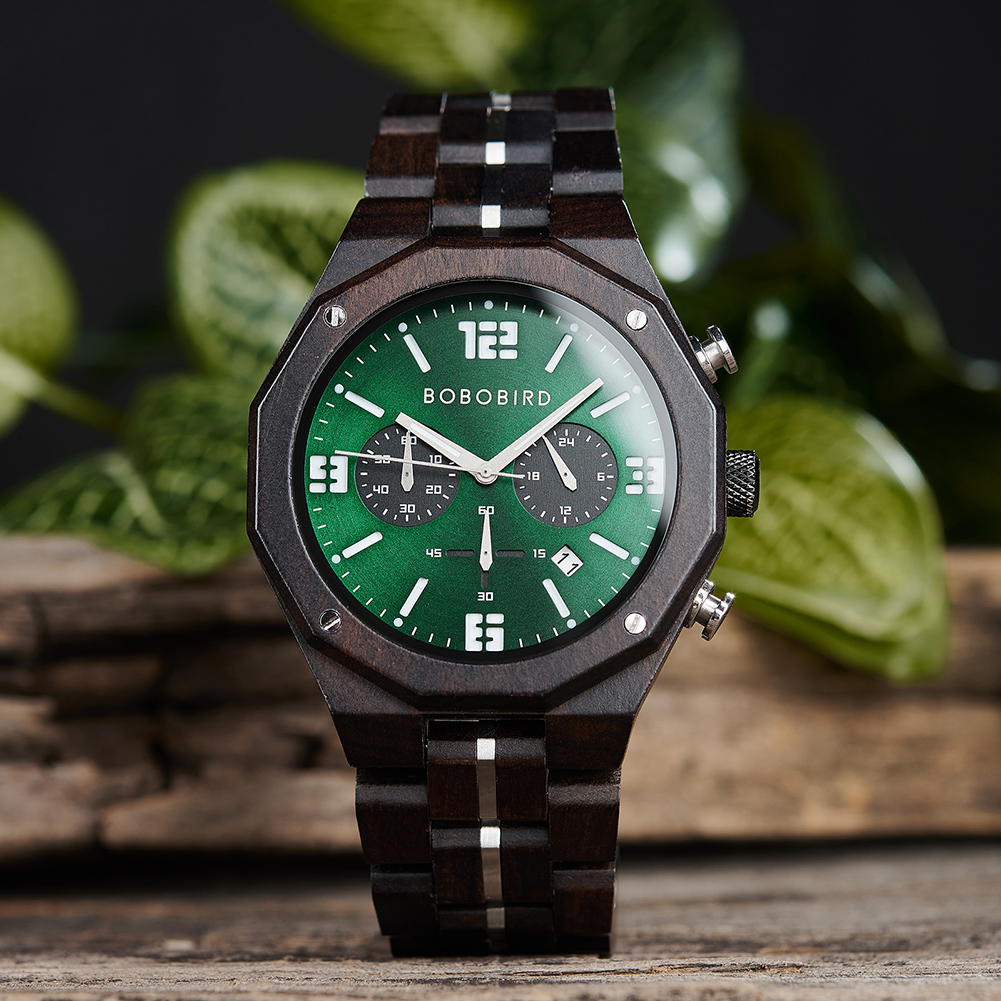 Montre en bois mouvement japonais vert – Image 4