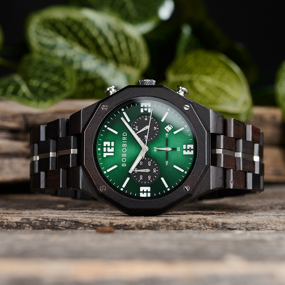 Montre en bois mouvement japonais vert – Image 3